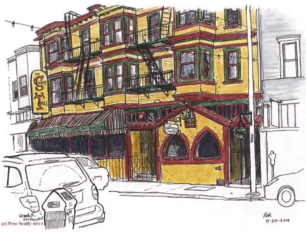 Savoy Tivoli exterior on Grant Avenue, hand-drawn illustration